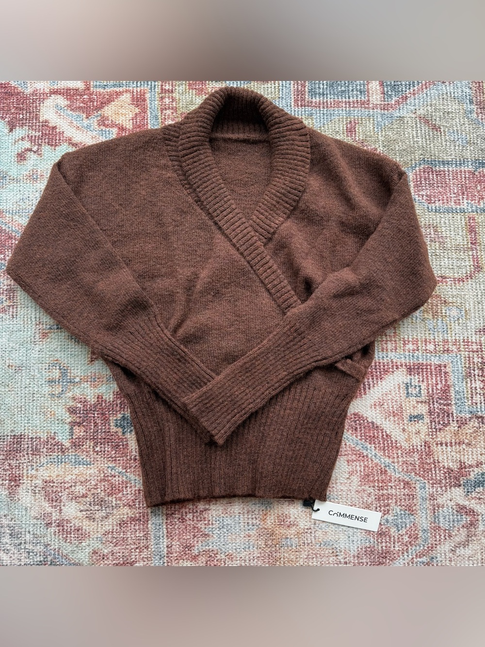 Commense Wool Blend Brown Wrap V-Neck Women's Sweater